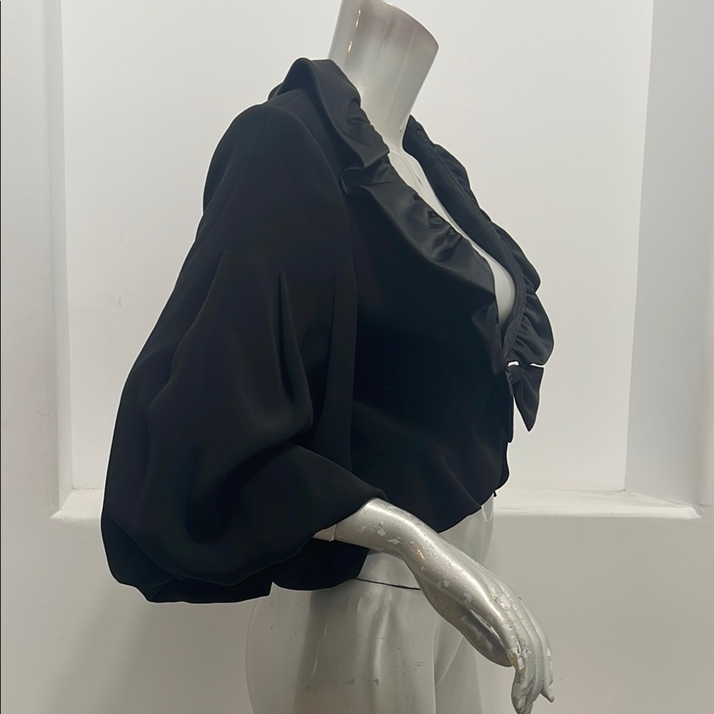 Musani Couture Black Ruffled Bow Front Peplum Satin Blouse Top EUR 42 Evening - Picture 5 of 12